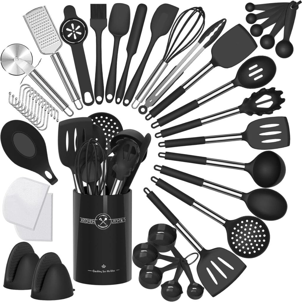Silicone Kitchen Cooking Utensils Set-Umite Chef 43 pcs Heat Resistant Kitchen Utensils, Black Kitchen Gadgets Tools Set with Stainless Steel Handles for Non-Stick Cookware Silicone Kitchen Cooking Utensils Set-Umite Chef 43 pcs Heat Resistant Kitchen Utensils, Black Kitchen Gadgets Tools Set with Stainless Steel Handles for Non-Stick Cookware