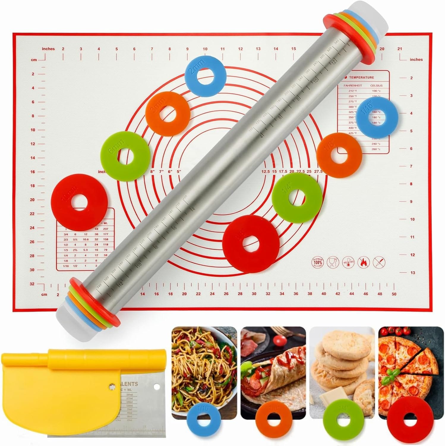Silicone Rolling Pin Set with Adjustable Thickness Rings, Large Silicone Baking Pastry Mat  Stainless Steel Dough Roller with Rings  Bench Scraper - For Pizza, Cookies, Pie, Pasta, Pastries