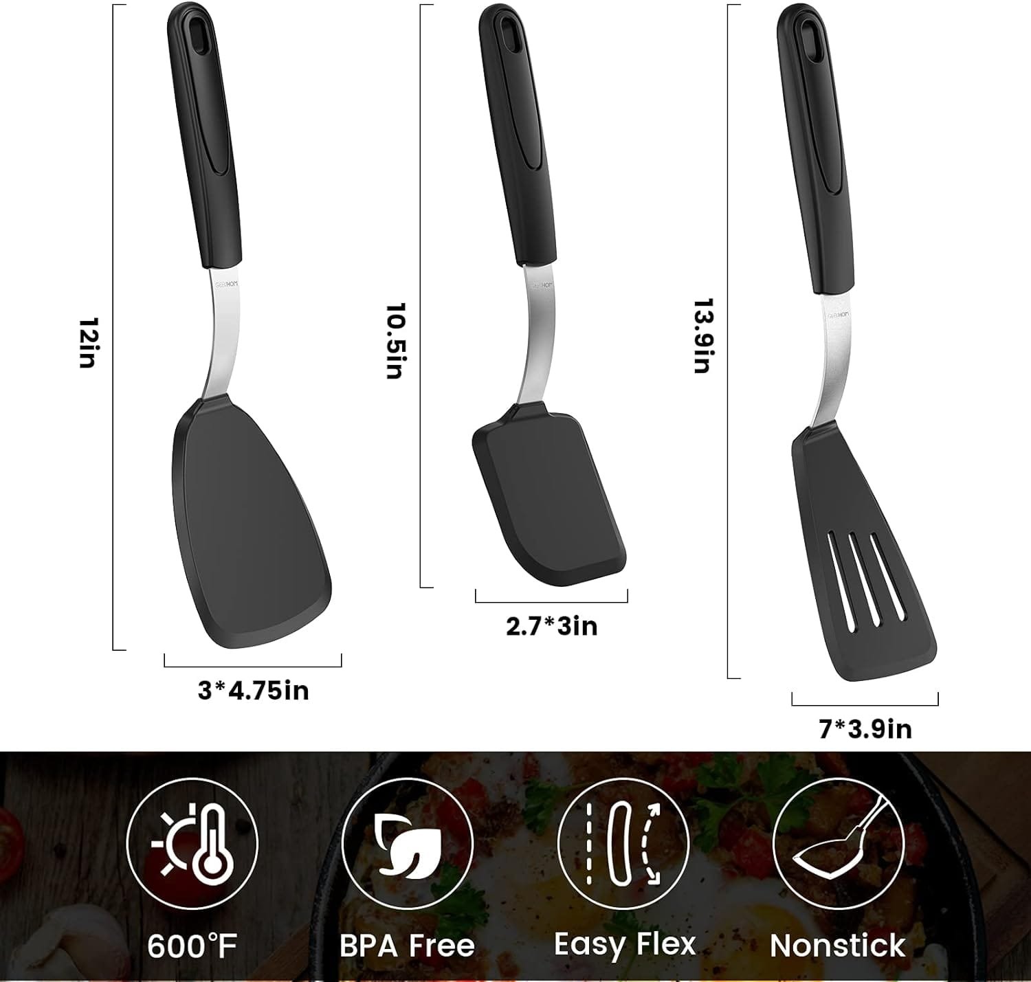 Silicone Spatula Turner Set of 4, GEEKHOM 600°F Heat Resistant Cooking Spatulas for Nonstick Cookware, Extra Large Flexible Kitchen Utensils BPA Free Rubber Spatulas for Pancake, Eggs, Fish, Black