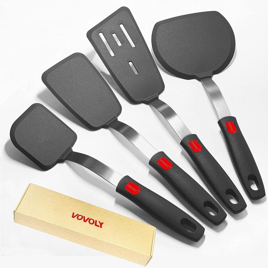 Silicone Spatula Turner Set with Lengthened Handle, Heat Resistant Spatulas for Nonstick Cookware, Kitchen Flipper Utensil for Egg, Pancake, Fish, Burger, No Scratch  Melting, BPA Free, 4 Pack
