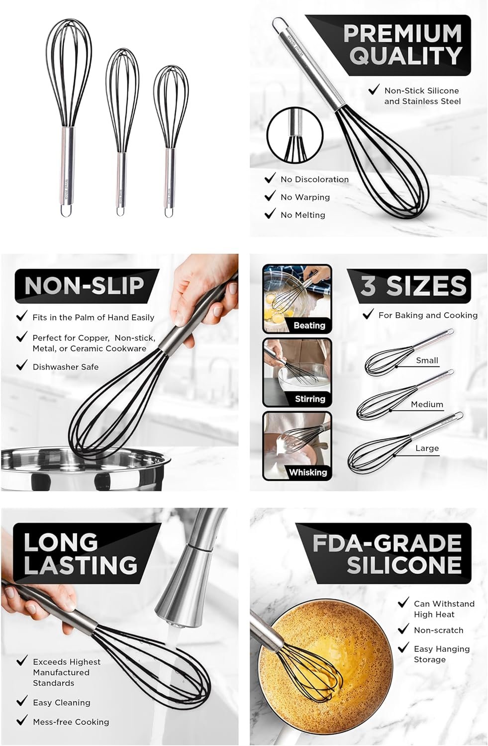 Silicone Whisk Set of 3 - Silicone Whisks for Cooking Non-Scratch - Silicone Whisk Set - Hand Whisk - Wisk - Metal Whisk - Small Whisk - Mini Whisk - Stainless Steel Whisk