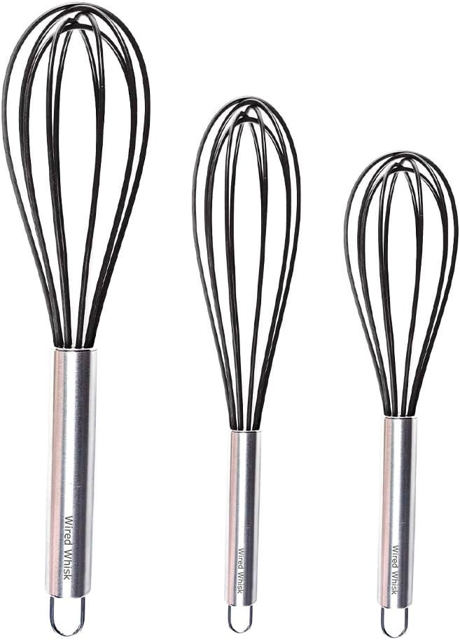 Silicone Whisk Set of 3 - Silicone Whisks for Cooking Non-Scratch - Silicone Whisk Set - Hand Whisk - Wisk - Metal Whisk - Small Whisk - Mini Whisk - Stainless Steel Whisk