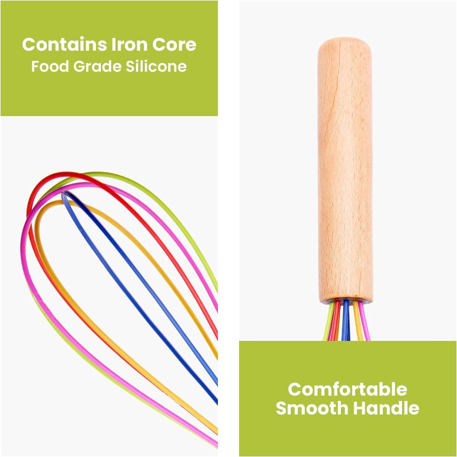 Silicone Whisk, Silicone Whisks with Wooden Handle, Whisks for Cooking, Heat Resistant Whisks for Non-Stick Cookware (Black)