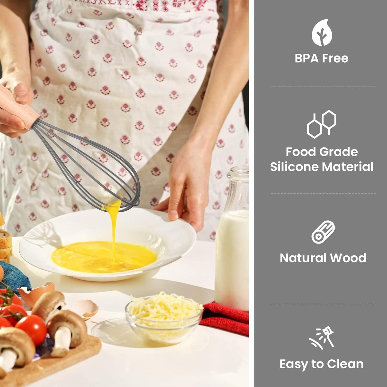 Silicone Whisk, Silicone Whisks with Wooden Handle, Whisks for Cooking, Heat Resistant Whisks for Non-Stick Cookware (Black)