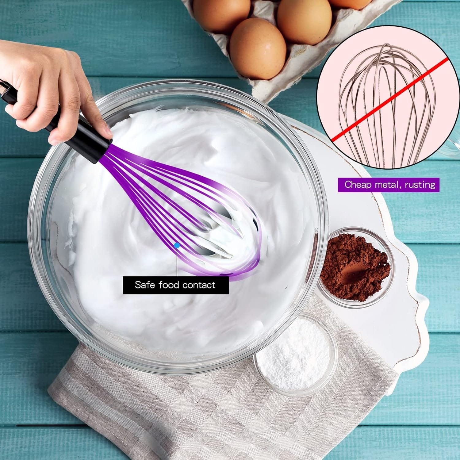 Silicone Whisk,Kitchen Silicone Whisks for Cooking Non Scratch,Wisking Tool Metal Wire Stainless Steel Whisk Egg Bread Silicone Wisk,Small Mini Heat Resistant Whisk 11-Inch,Black