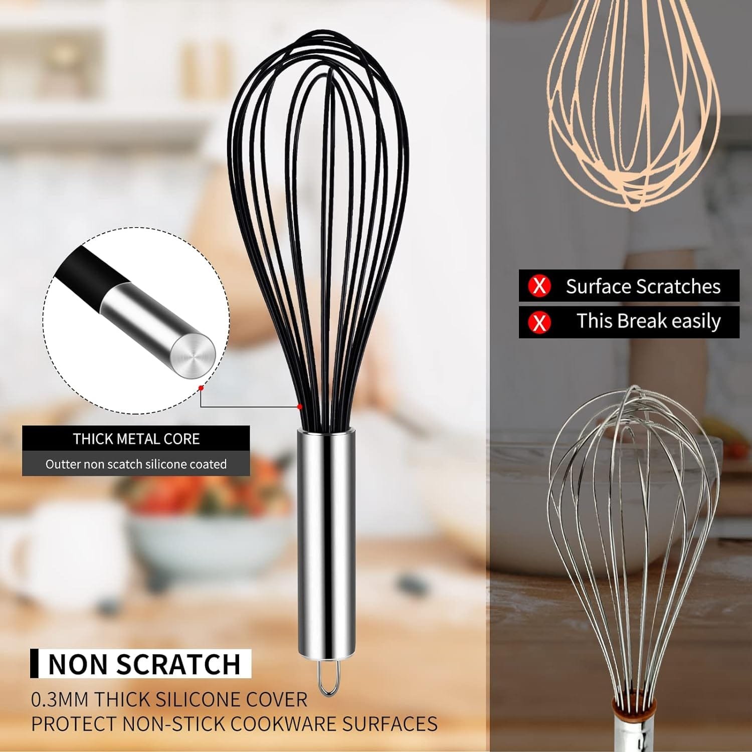 Silicone Whisk,Kitchen Silicone Whisks for Cooking Non Scratch,Wisking Tool Metal Wire Stainless Steel Whisk Egg Bread Silicone Wisk,Small Mini Heat Resistant Whisk 11-Inch,Black