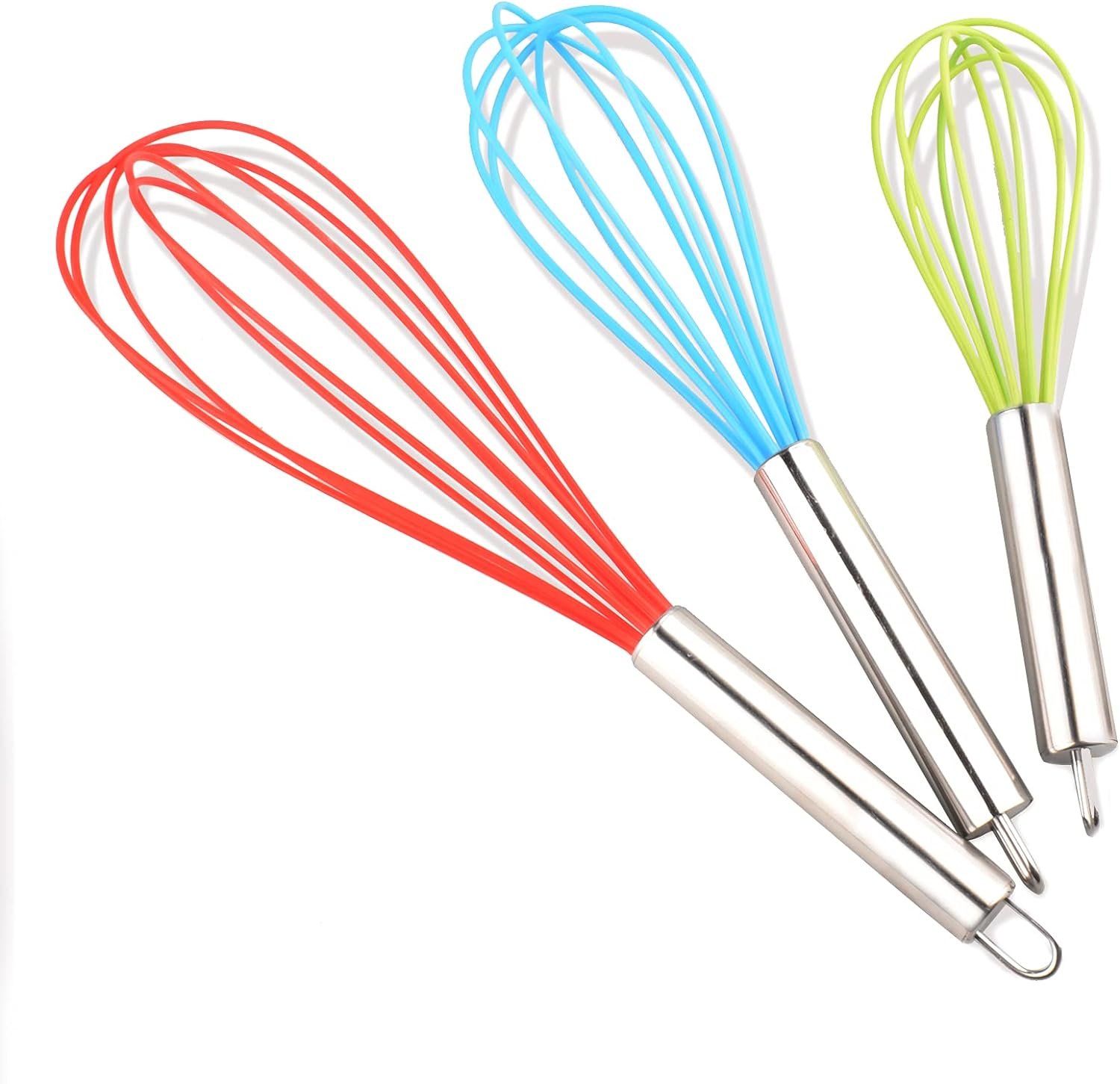 Silicone Whisks for Cooking, 3 Pack Sturdy Colored Balloon Line Whisk Set, Stainless Steel  Silicone Non-Stick Coating Hand Milk and Egg Beater for Blending Whisking Beating Stirring Cooking Baking