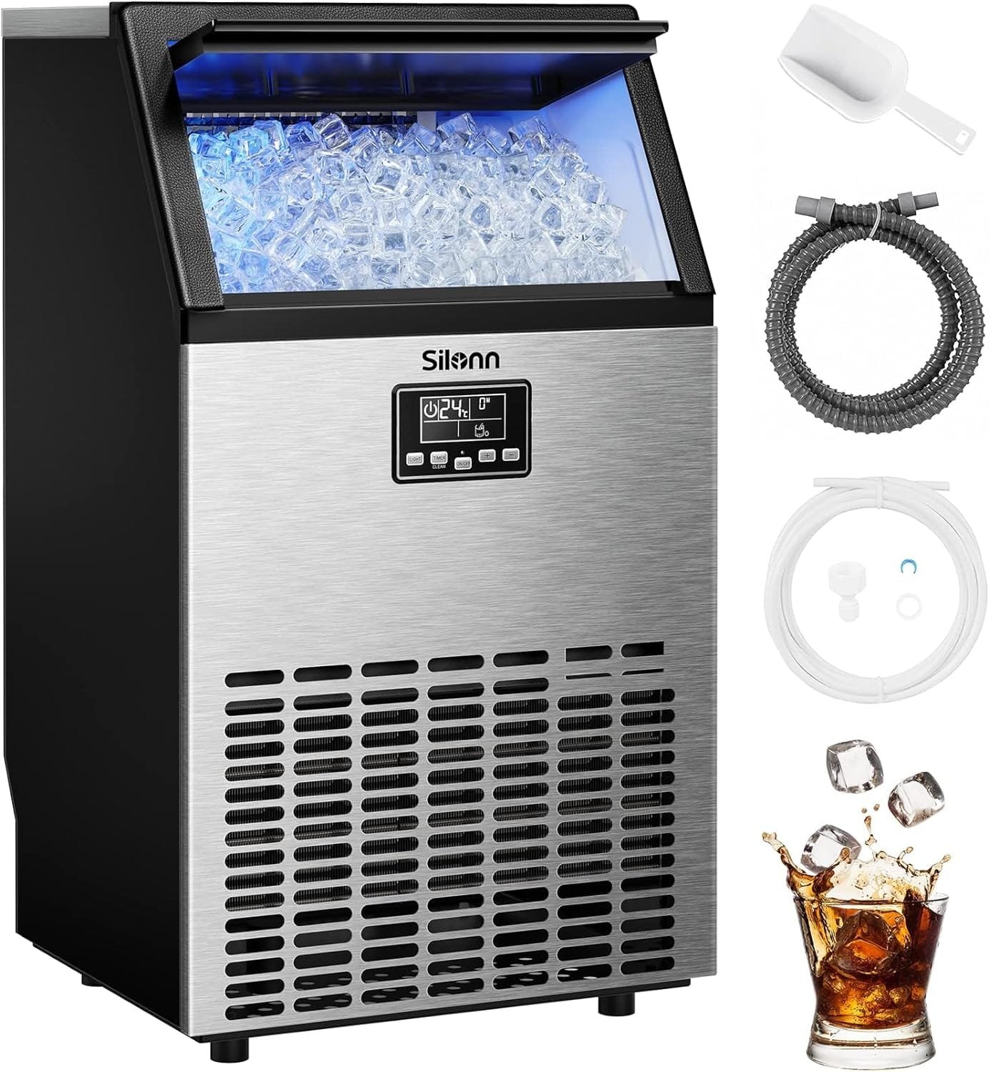 Silonn Commercial Ice Maker, Creates 150lbs in 24H, 33lbs Ice Storage Capacity, Stainless Steel Freestanding Ice Maker Machine with Auto Self-Cleaning for Home Office Bar Parties (SLIM12T)