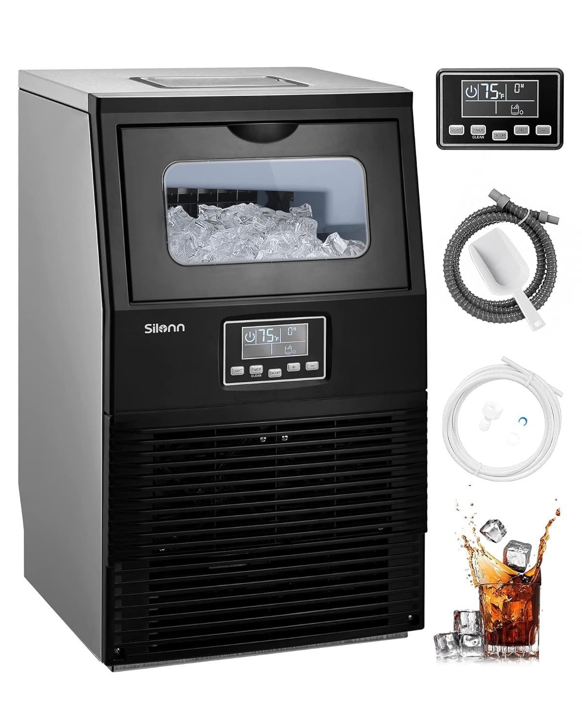 Silonn Commercial Ice Maker Machine, 84LBS/24H with 30lbs Bin, Full Heavy Duty Stainless Steel Construction, Self-Cleaning, Clear Cube for Home Bar, Include Scoop, Connection Hose