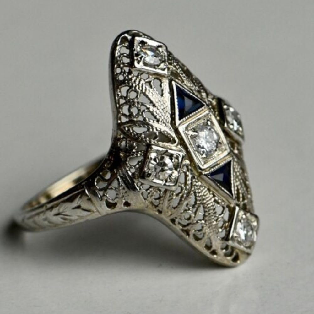 SilverDia 1 Ct Round Cut Sapphire Diamond Antique Cocktail Filigree Artistic Engagement Ring For Women 14K White Gold Finish Retro Edwardian Ring 925 Sterling Silver Handmade Anniversary Ring