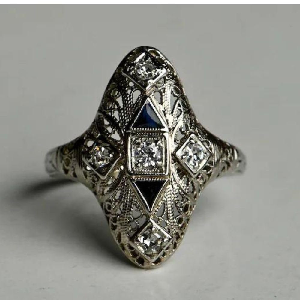 SilverDia 1 Ct Round Cut Sapphire Diamond Antique Cocktail Filigree Artistic Engagement Ring For Women 14K White Gold Finish Retro Edwardian Ring 925 Sterling Silver Handmade Anniversary Ring