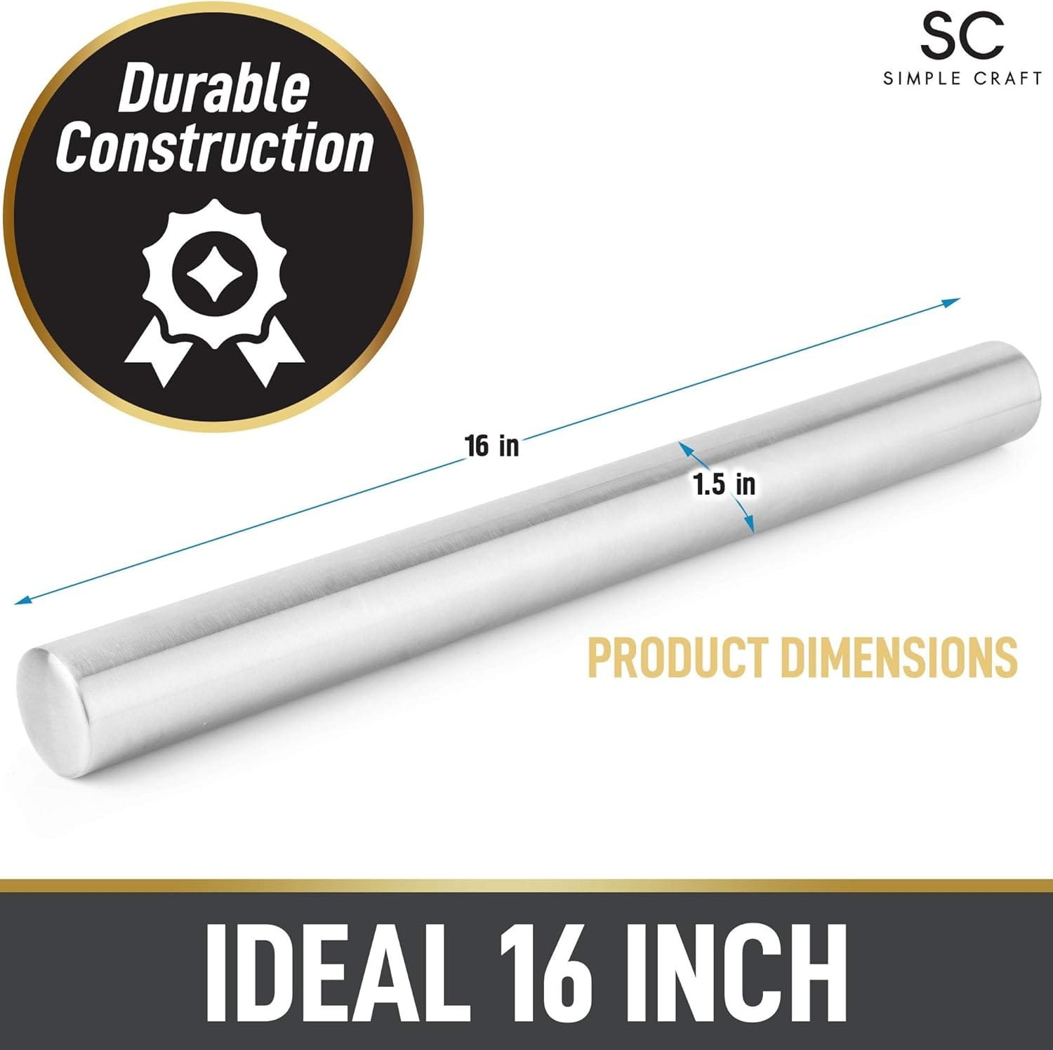 Simple Craft Premium 16” Rolling Pin - Smooth Tapered Professional French Rolling Pin - Stainless Steel Rolling Pin For Making Cookies, Pastries, Pizza, Pies, and Pastas Simple Craft Premium 16” Rolling Pin - Smooth Tapered Professional French Rolling Pin - Stainless Steel Rolling Pin For Making Cookies, Pastries, Pizza, Pies, and Pastas