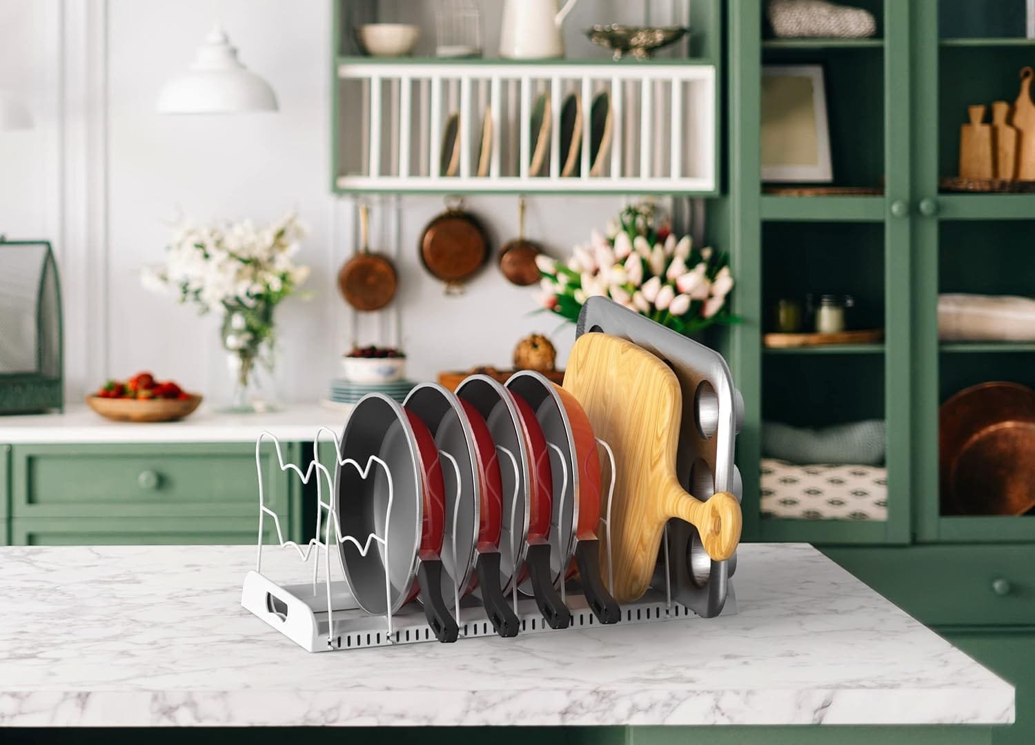 Simple Houseware 10 Compartments Expandable Pan Organizer, White, Plastic, Metal, 12-22L x 9.5W x 8.5H Simple Houseware 10 Compartments Expandable Pan Organizer, White, Plastic, Metal, 12-22L x 9.5W x 8.5H