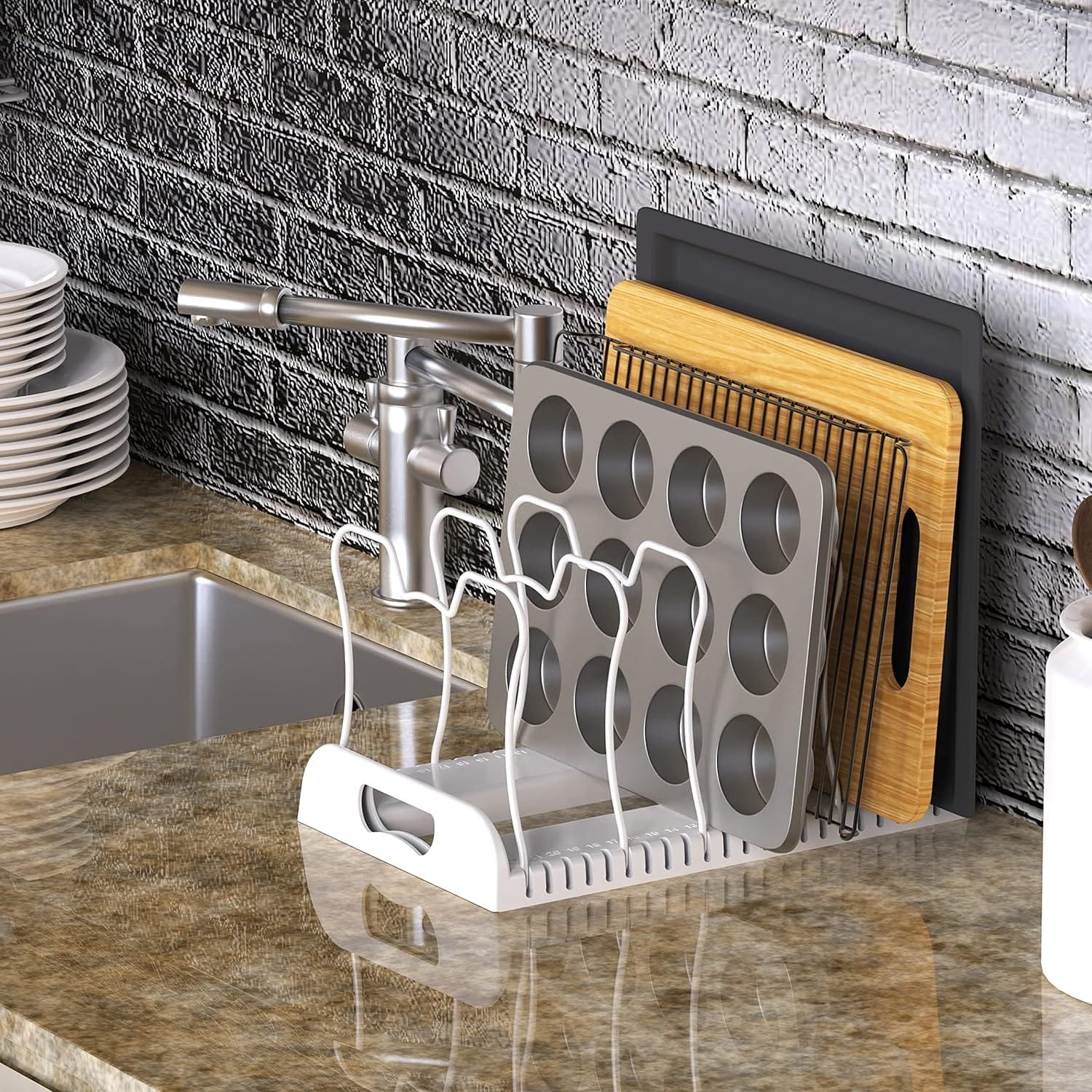 Simple Houseware 10 Compartments Expandable Pan Organizer, White, Plastic, Metal, 12-22L x 9.5W x 8.5H Simple Houseware 10 Compartments Expandable Pan Organizer, White, Plastic, Metal, 12-22L x 9.5W x 8.5H