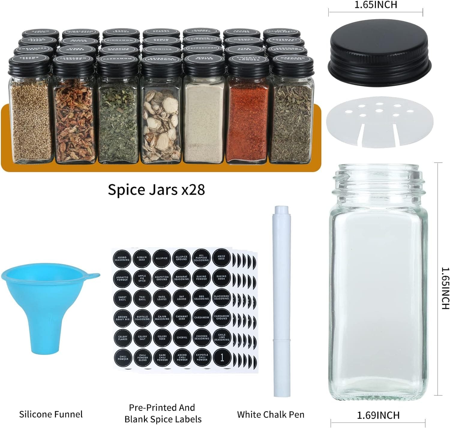 Skiileor Spice Rack Organizer with 28 Spice Jars, Black Lids，Spice Labels, Chalk Marker and Funnel Set for Cabinet, Countertop, Pantry, Cupboard or Wall Mount