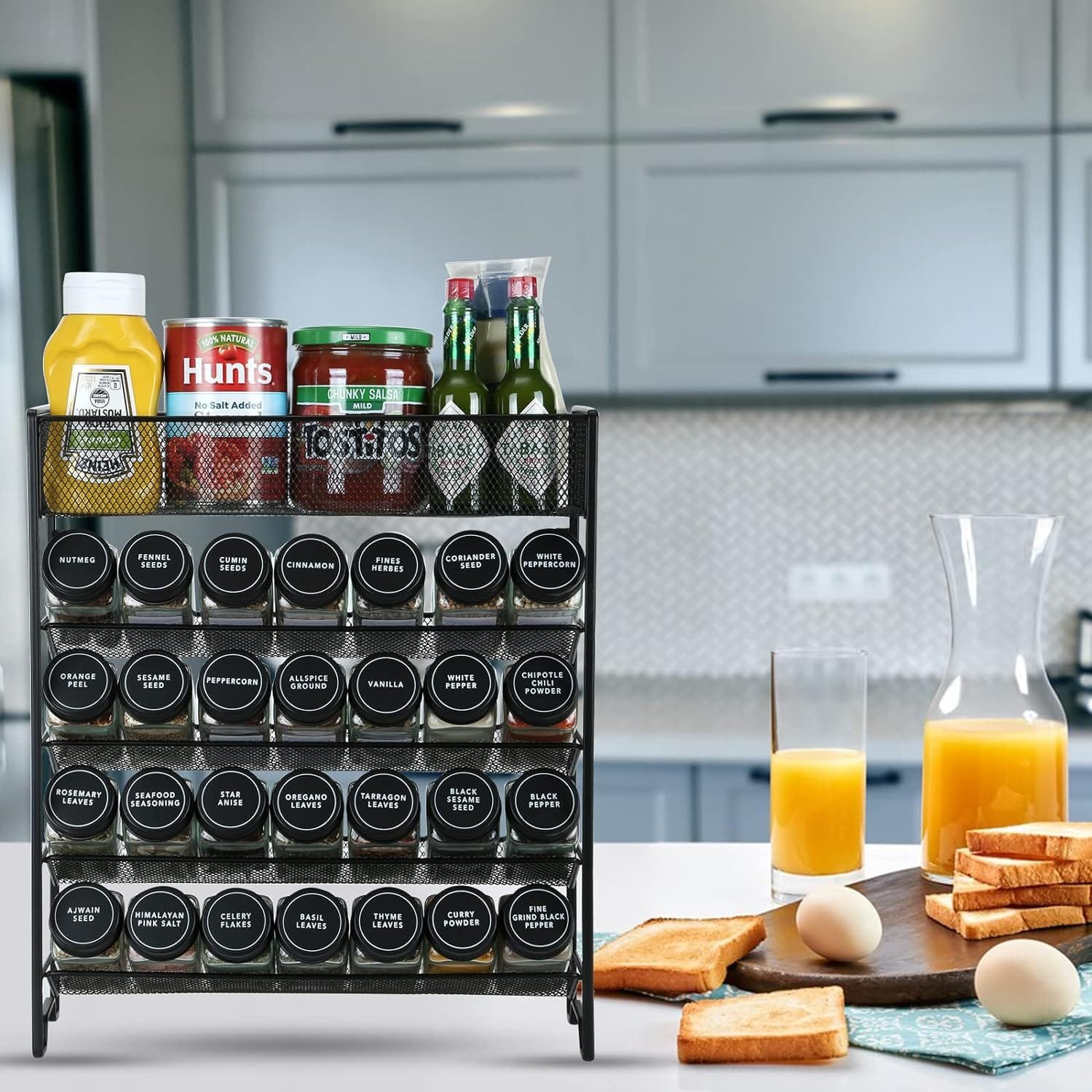 Skiileor Spice Rack Organizer with 28 Spice Jars, Black Lids，Spice Labels, Chalk Marker and Funnel Set for Cabinet, Countertop, Pantry, Cupboard or Wall Mount