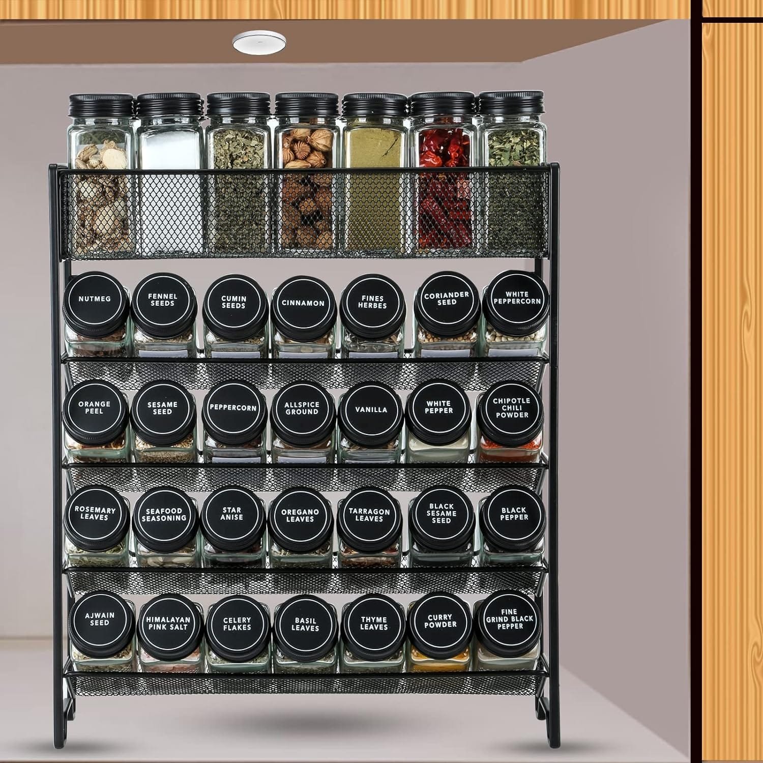 Skiileor Spice Rack Organizer with 28 Spice Jars, Black Lids，Spice Labels, Chalk Marker and Funnel Set for Cabinet, Countertop, Pantry, Cupboard or Wall Mount