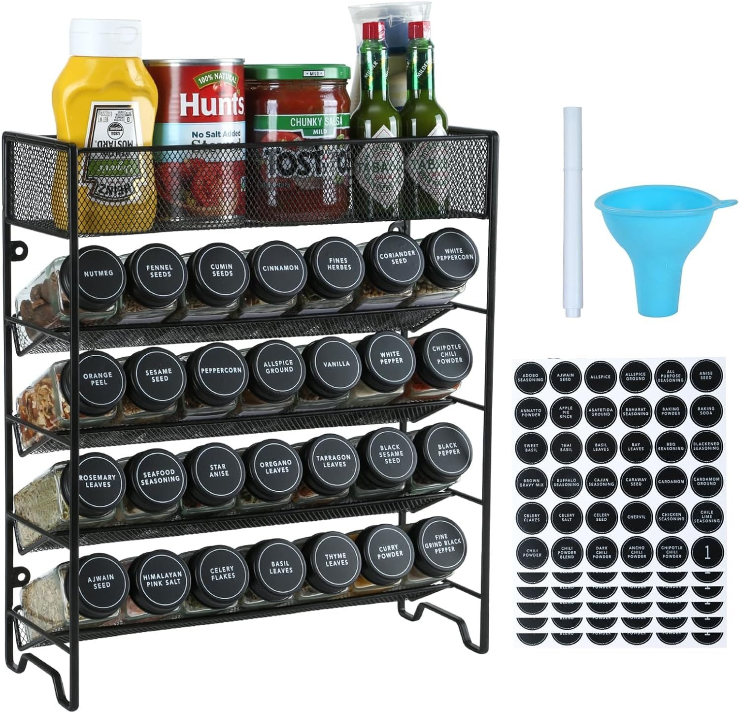 Skiileor Spice Rack Organizer with 28 Spice Jars, Black Lids，Spice Labels, Chalk Marker and Funnel Set for Cabinet, Countertop, Pantry, Cupboard or Wall Mount
