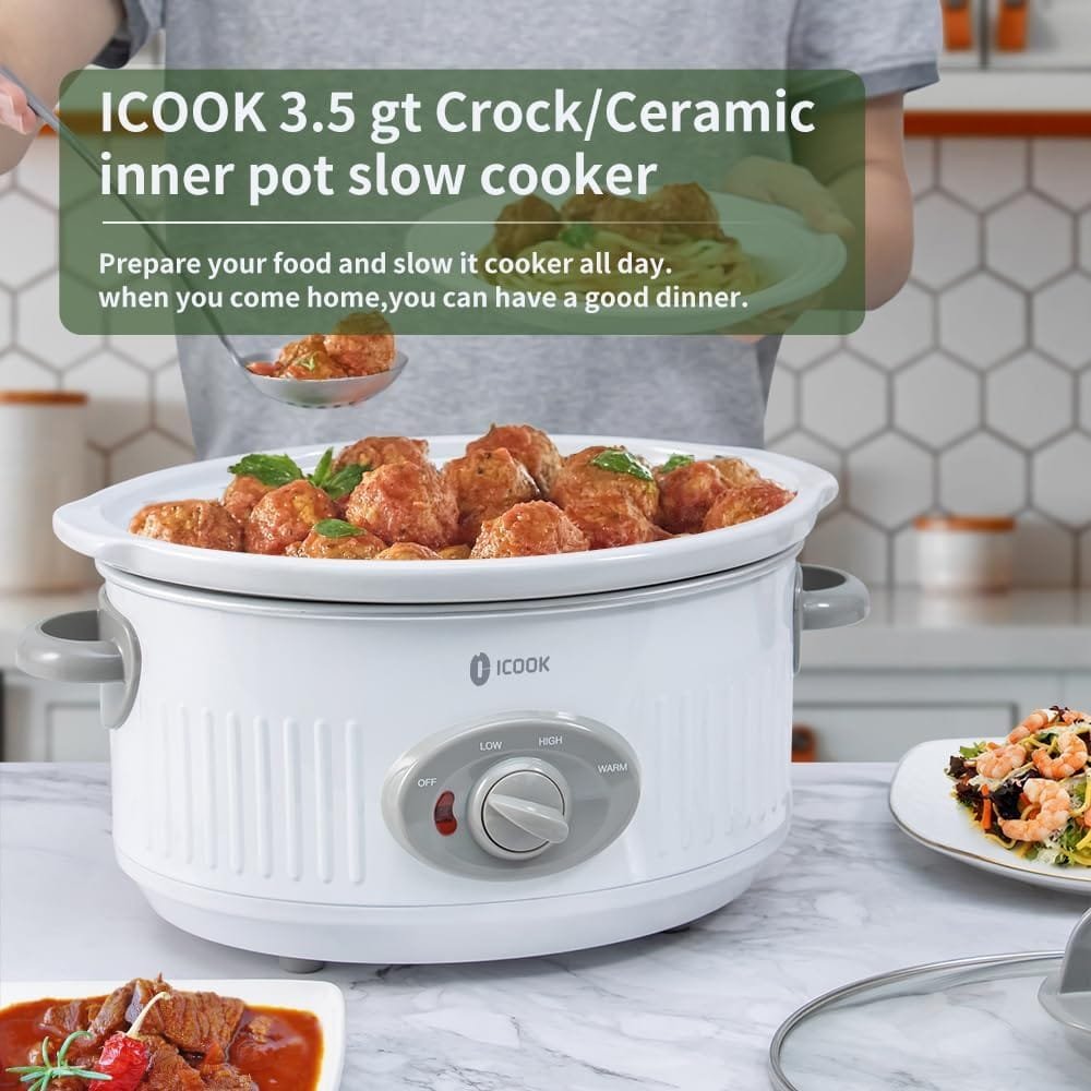 Slow Cooker 3.5 Quart USC-351-OG,Dishwasher Safe Crock/Ceramic inner pot and Glass lid,Small Slow Cooker,Oval Shape,White Slow Cooker 3.5 Quart USC-351-OG,Dishwasher Safe Crock/Ceramic inner pot and Glass lid,Small Slow Cooker,Oval Shape,White