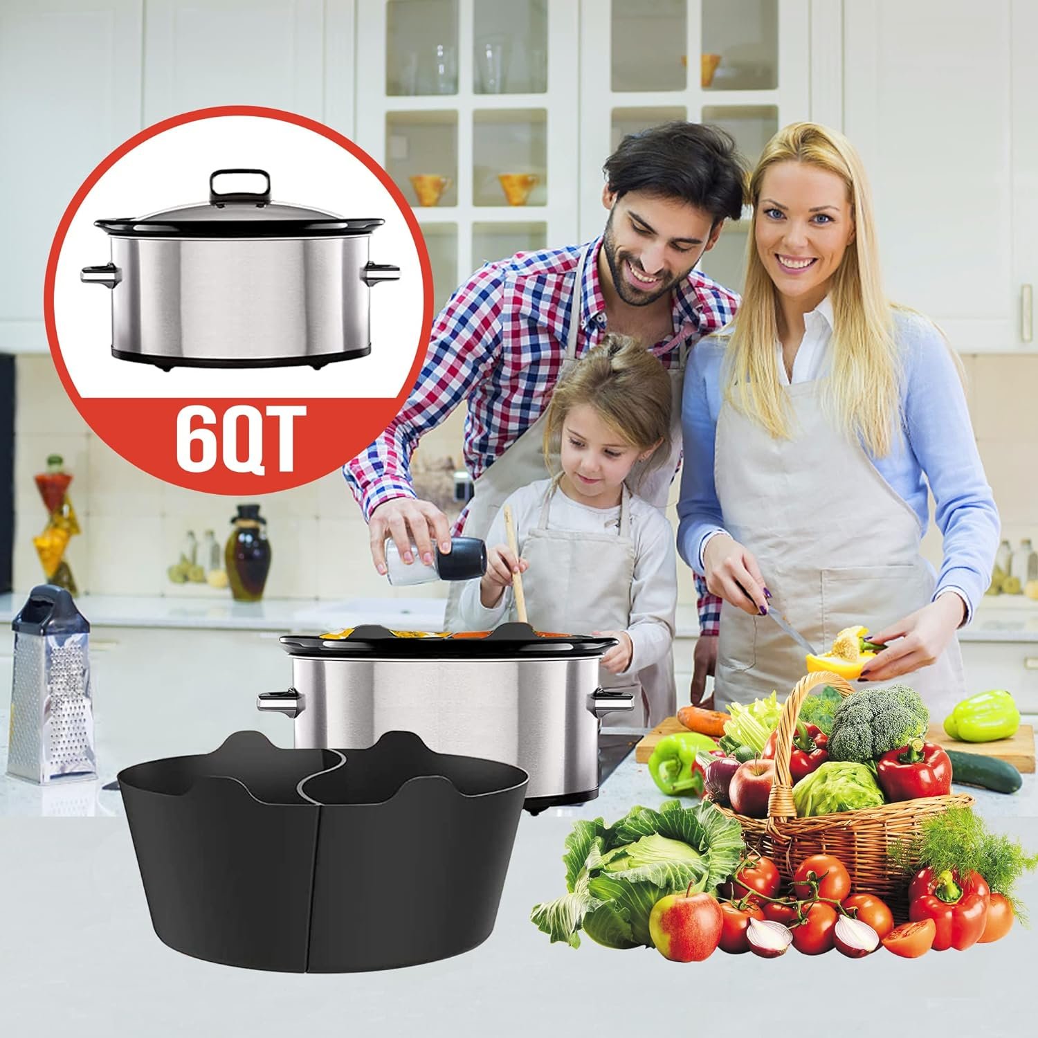 Slow Cooker Divider Silicone Liners, 6 Qt Crockpot and Slow Cookers Compatible, Cook Two Dishes At Once - Easy Cleanup Dishwasher, BPA Free 6 Quart Fit with Crock Pot Black Liners