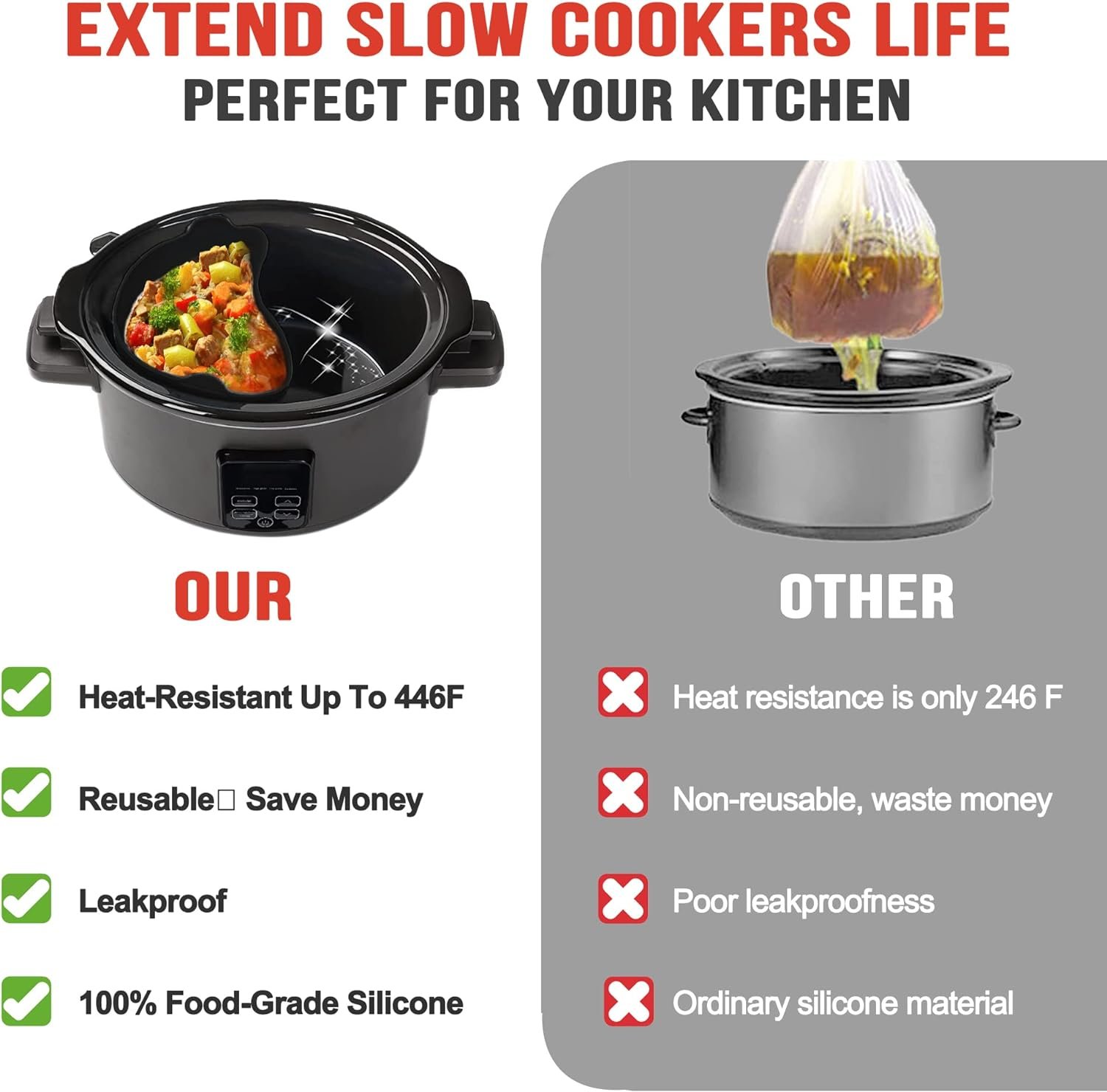 Slow Cooker Divider Silicone Liners, 6 Qt Crockpot and Slow Cookers Compatible, Cook Two Dishes At Once - Easy Cleanup Dishwasher, BPA Free 6 Quart Fit with Crock Pot Black Liners