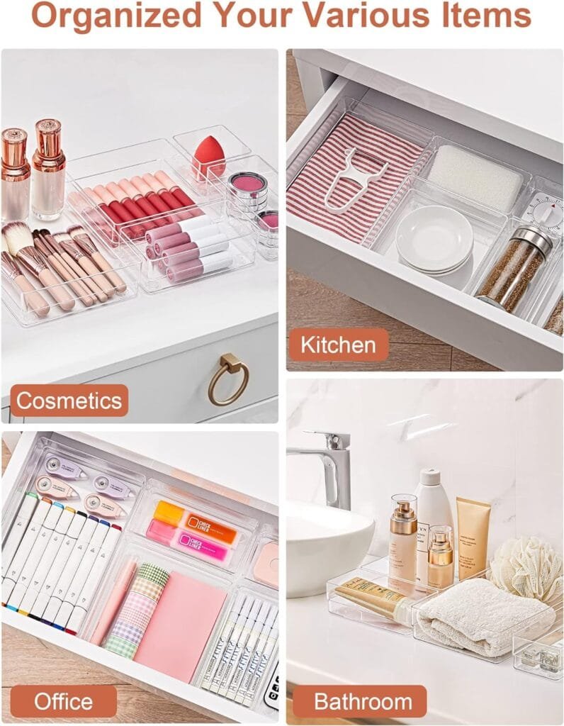 SMARTAKE 13-Piece Drawer Organizer with Non-Slip Silicone Pads, 5-Size Desk Drawer Organizer Trays Storage Tray for Makeup, Jewelries, Utensils in Bedroom Dresser, Office and Kitchen (Clear)
