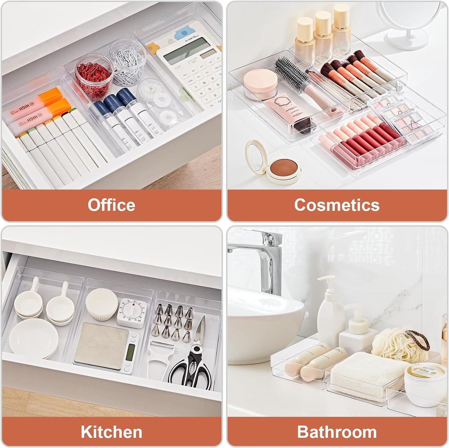 SMARTAKE 6 PCS Clear Plastic Drawer Organizers Set, Large Size Non-Slip Desk Drawer Organizer, 2-Size Versatile Bathroom and Vanity Drawer Organizer Trays for Makeup, Bedroom, Office, Kitchen Utensils