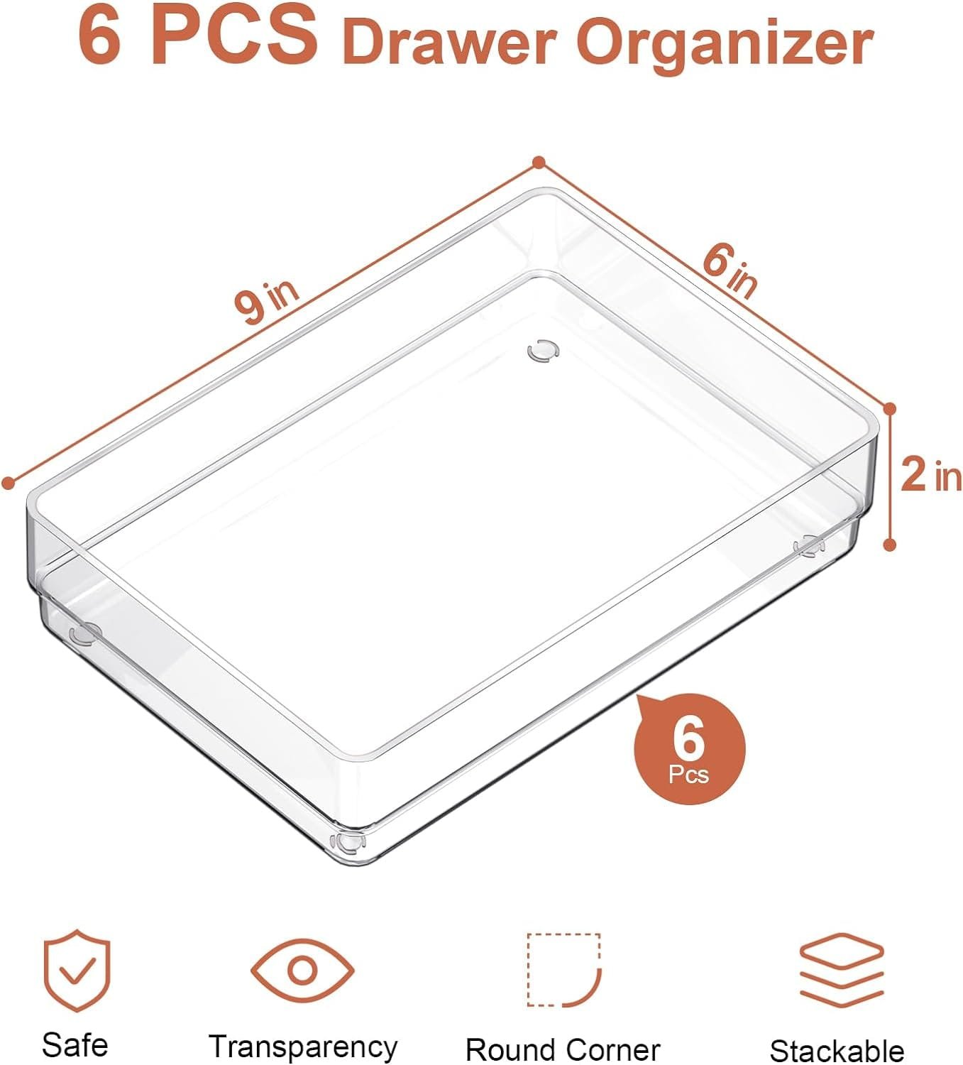 SMARTAKE 6 PCS Clear Plastic Drawer Organizers Set, Large Size Non-Slip Desk Drawer Organizer, 2-Size Versatile Bathroom and Vanity Drawer Organizer Trays for Makeup, Bedroom, Office, Kitchen Utensils