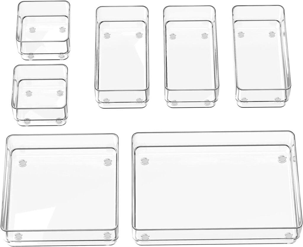 SMARTAKE 7-Piece Drawer Organizer with Non-Slip Silicone Pads, 4-Size Desk Drawer Organizer Trays Storage Tray for Makeup, Jewelries, Utensils in Bedroom Dresser, Office and Kitchen (Clear)