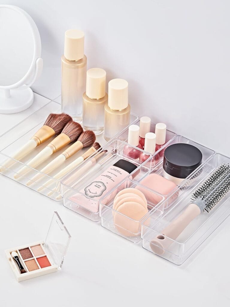 SMARTAKE 7-Piece Drawer Organizer with Non-Slip Silicone Pads, 4-Size Desk Drawer Organizer Trays Storage Tray for Makeup, Jewelries, Utensils in Bedroom Dresser, Office and Kitchen (Clear)