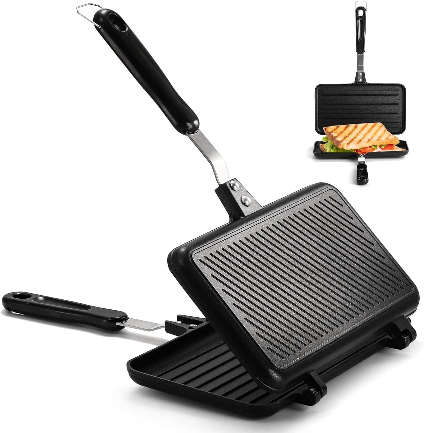SOUJOY Sandwich Maker, Non-stick Grill Panini Maker Pan with Handle, Stovetop Toasted Aluminum Flip Pan Indoor Outdoor Home Kitchen Breakfast SOUJOY Sandwich Maker, Non-stick Grill Panini Maker Pan with Handle, Stovetop Toasted Aluminum Flip Pan Indoor Outdoor Home Kitchen Breakfast