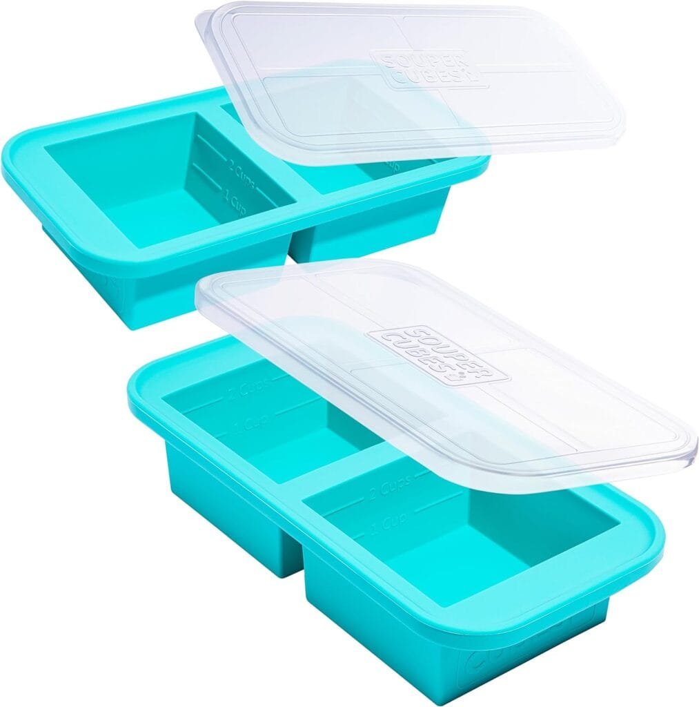 Souper Cubes 2 Cup Silicone Freezer Tray With Lid - Easy Meal Prep Container and Kitchen Storage Solution - Silicone Mold for Soup and Food Storage - Aqua - 2-Pack