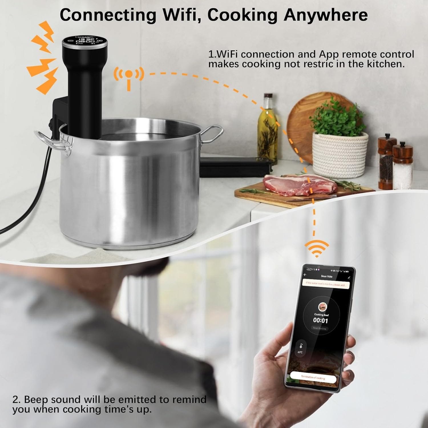 Sous Vide Machines Wi-Fi, Immersion Circulator Precise Cooker, sous-vide with Accurate Temperature  Timer Touch Control, 1000W, Portable, Noise-free, Fast Heating, IPX7 Waterproof, Cattleman Cuisine