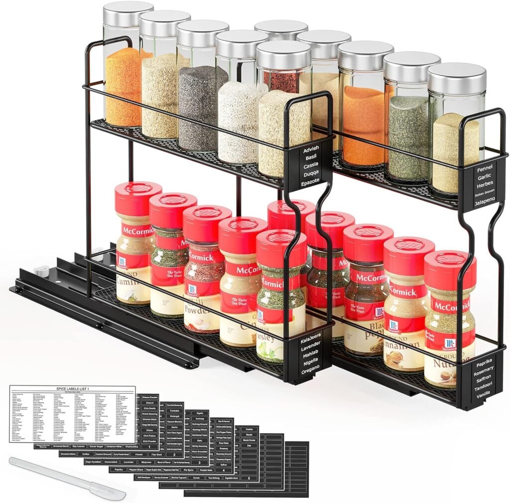 SpaceAid Pull Out Spice Rack Organizer for Cabinet, Heavy Duty Slide Out Seasoning Kitchen Organizer, Cabinet Organizer, with Labels and Chalk Marker, 5.2 W x10.75 D x10 H, 2 Drawers 2-Tier