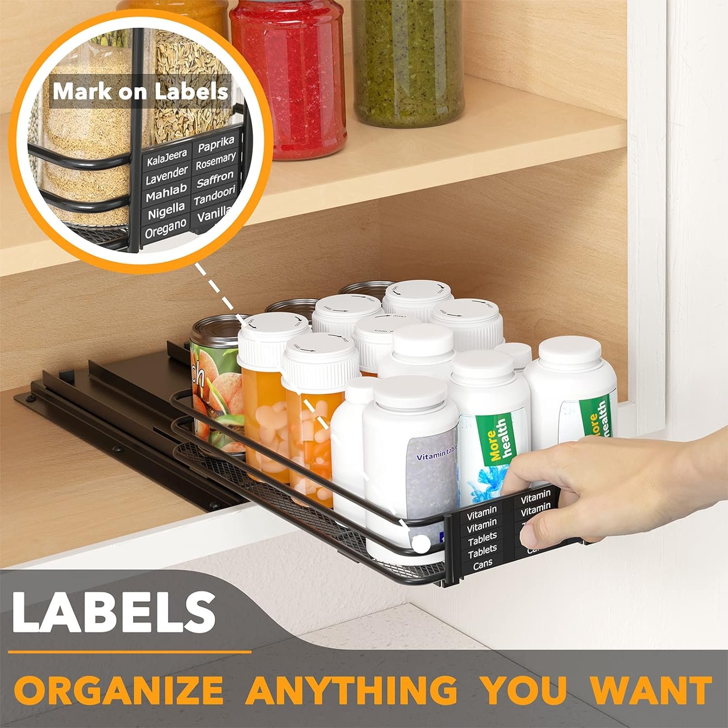SpaceAid Pull Out Spice Rack Organizer for Cabinet, Heavy Duty Slide Out Seasoning Kitchen Organizer, Cabinet Organizer, with Labels and Chalk Marker, 4.5 W x10.75 D x8.5 H, 1 Drawer 2-Tier