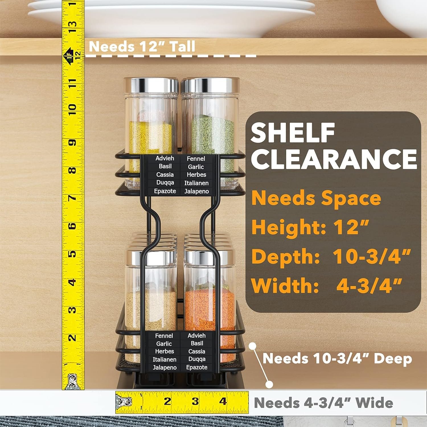SpaceAid Pull Out Spice Rack Organizer for Cabinet, Heavy Duty Slide Out Seasoning Kitchen Organizer, Cabinet Organizer, with Labels and Chalk Marker, 4.5 W x10.75 D x8.5 H, 1 Drawer 2-Tier
