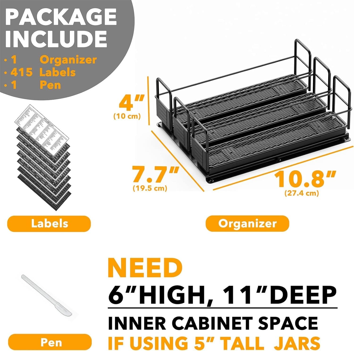 SpaceAid Pull Out Spice Rack Organizer for Cabinet, Heavy Duty Slide Out Seasoning Kitchen Organizer, Cabinet Organizer, with Labels and Chalk Marker, 7.7 W x10.75 D x10 H, 3 Drawers 2-Tier