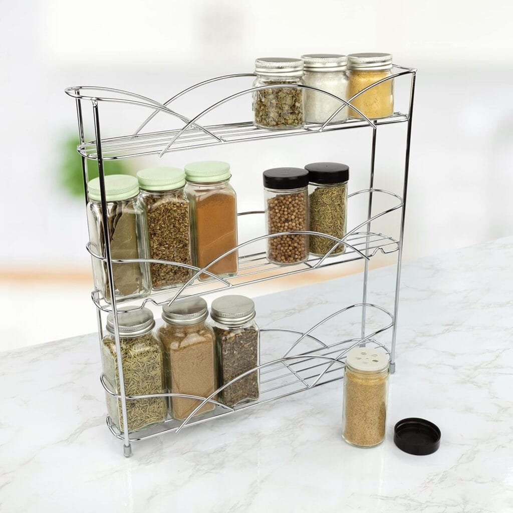 Spectrum Diversified 3-Tier Spice Rack Shelf Organizer for Kitchen Countertop, Pantry, Bathroom, or Closet with Optional Wall Mount, Black