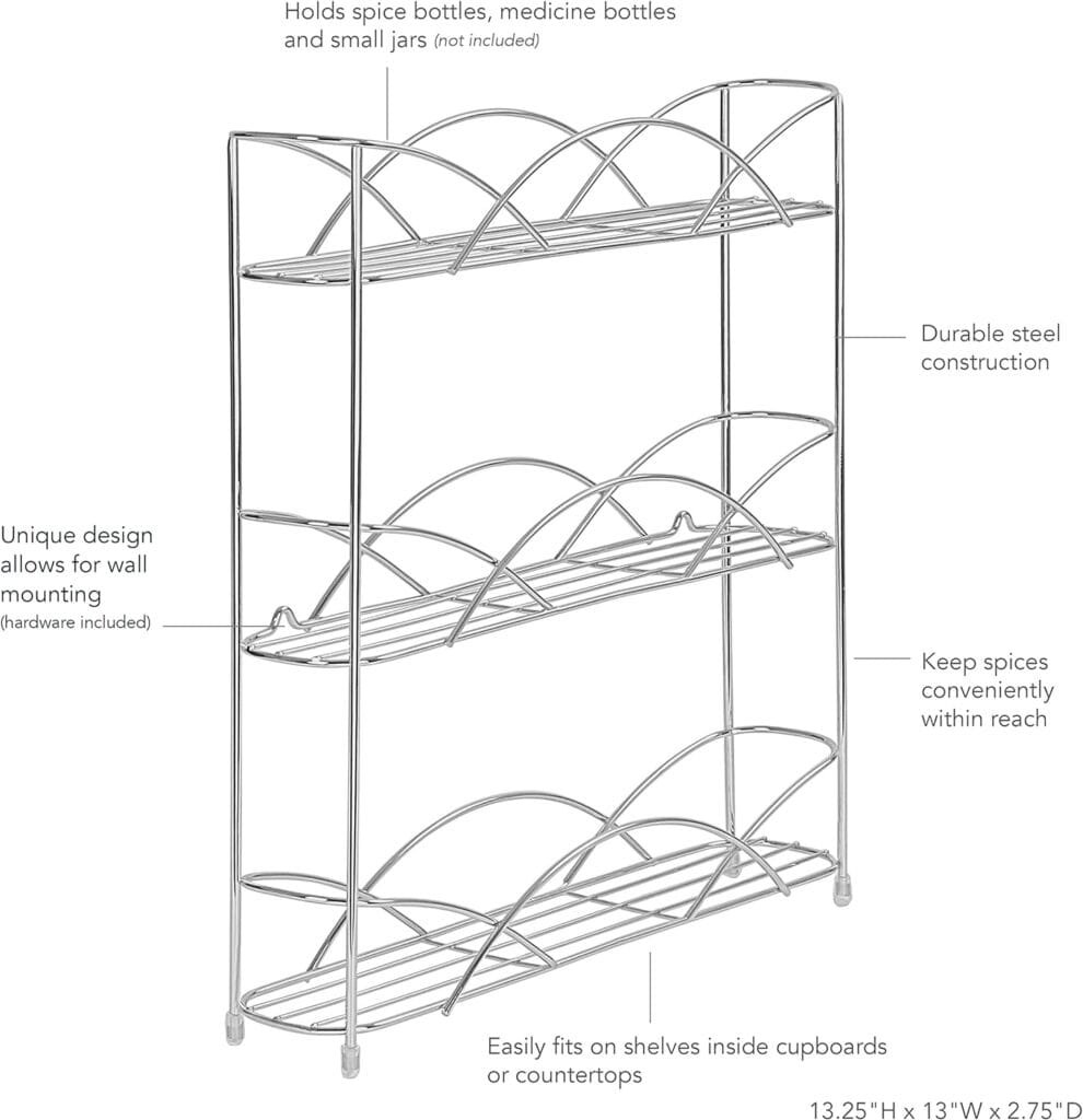 Spectrum Diversified 3-Tier Spice Rack Shelf Organizer for Kitchen Countertop, Pantry, Bathroom, or Closet with Optional Wall Mount, Black