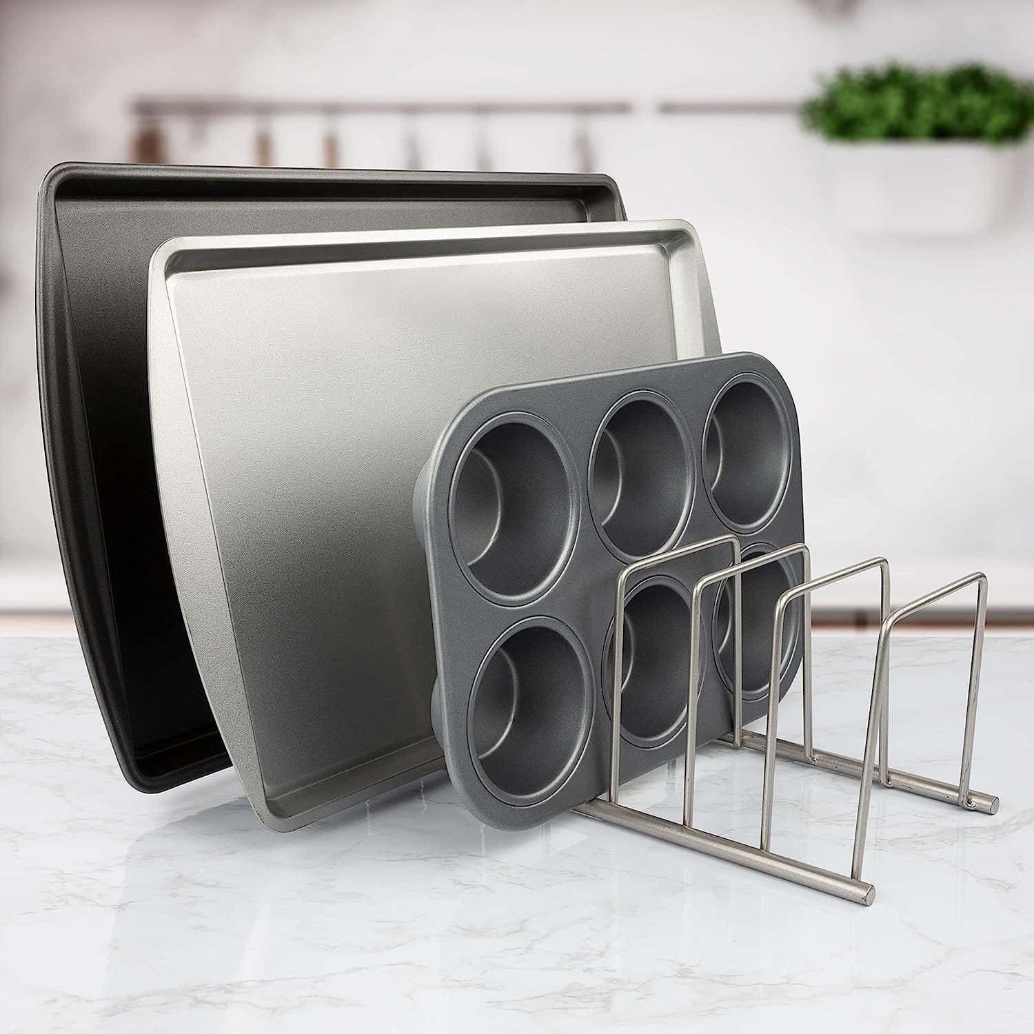 Spectrum Diversified Euro Kitchen Organizer for Plates, Cutting Boards, Bakeware Cooling Racks, Pots  Pans, Serving Trays, Reusable Containers, and Lids, Satin Nickel 13.5 x 4.5 x 4.25