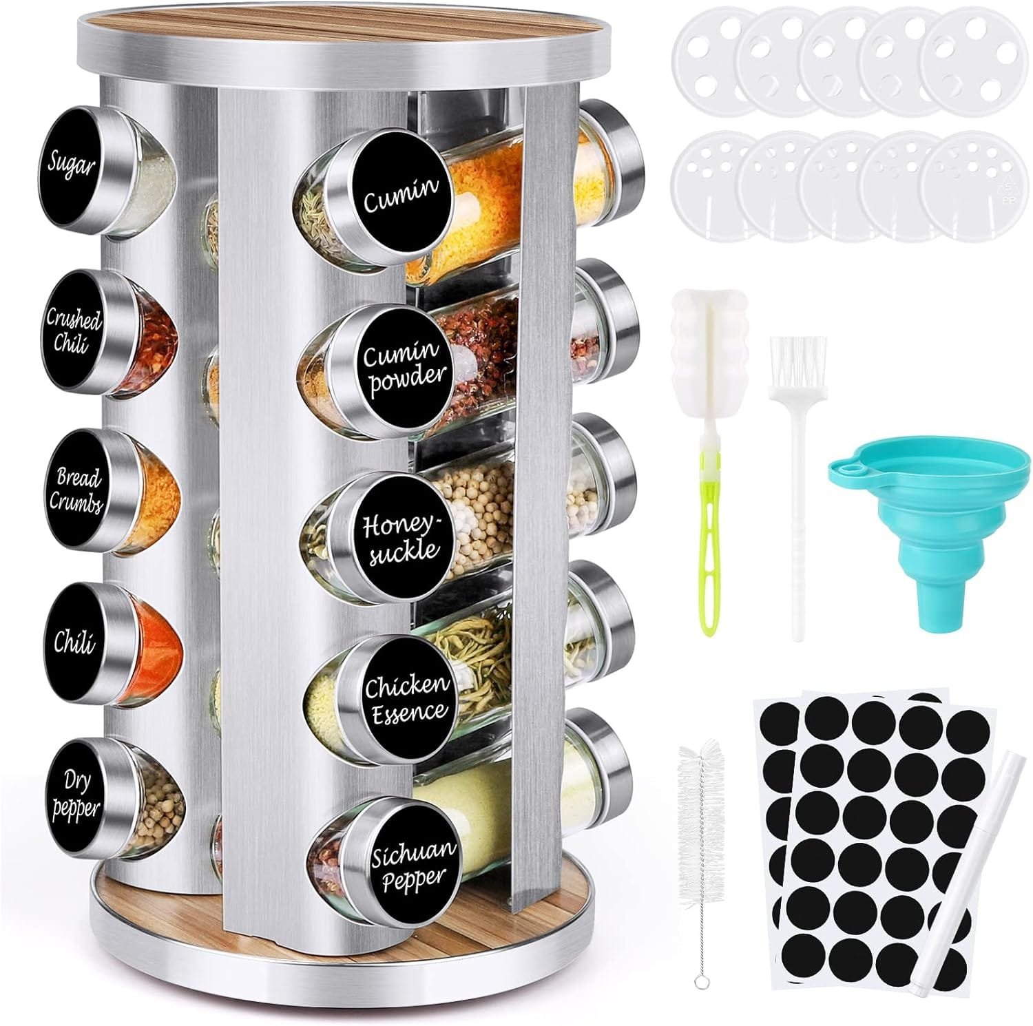 spice-rack-organizer-with-jars-for-cabinet-20pcs-revolvingrotating-seasoning-organizer-stainless-steelwooden-countertop- - Cooking Appliance World