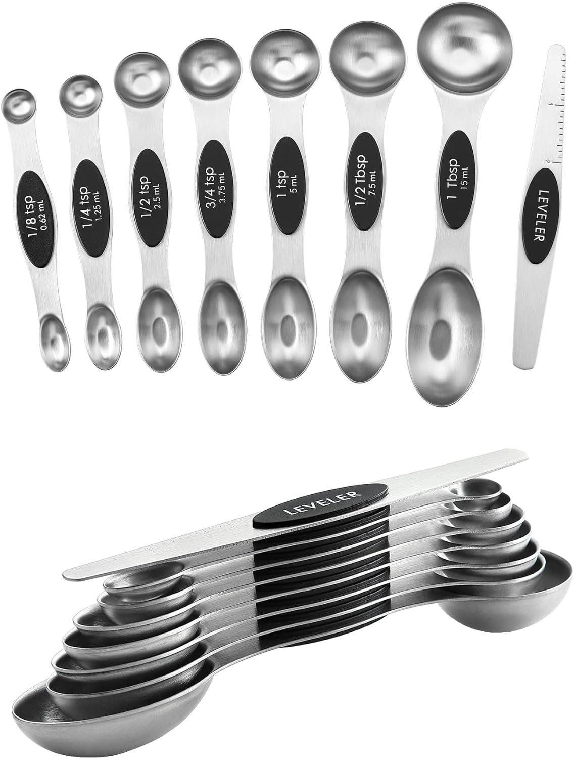 Spring Chef Magnetic Measuring Spoons Set with Strong N45 Magnets, Heavy Duty Stainless Steel Metal, Fits in Most Kitchen Spice Jars for Baking  Cooking, BPA Free, Black, Set of 8 with Leveler