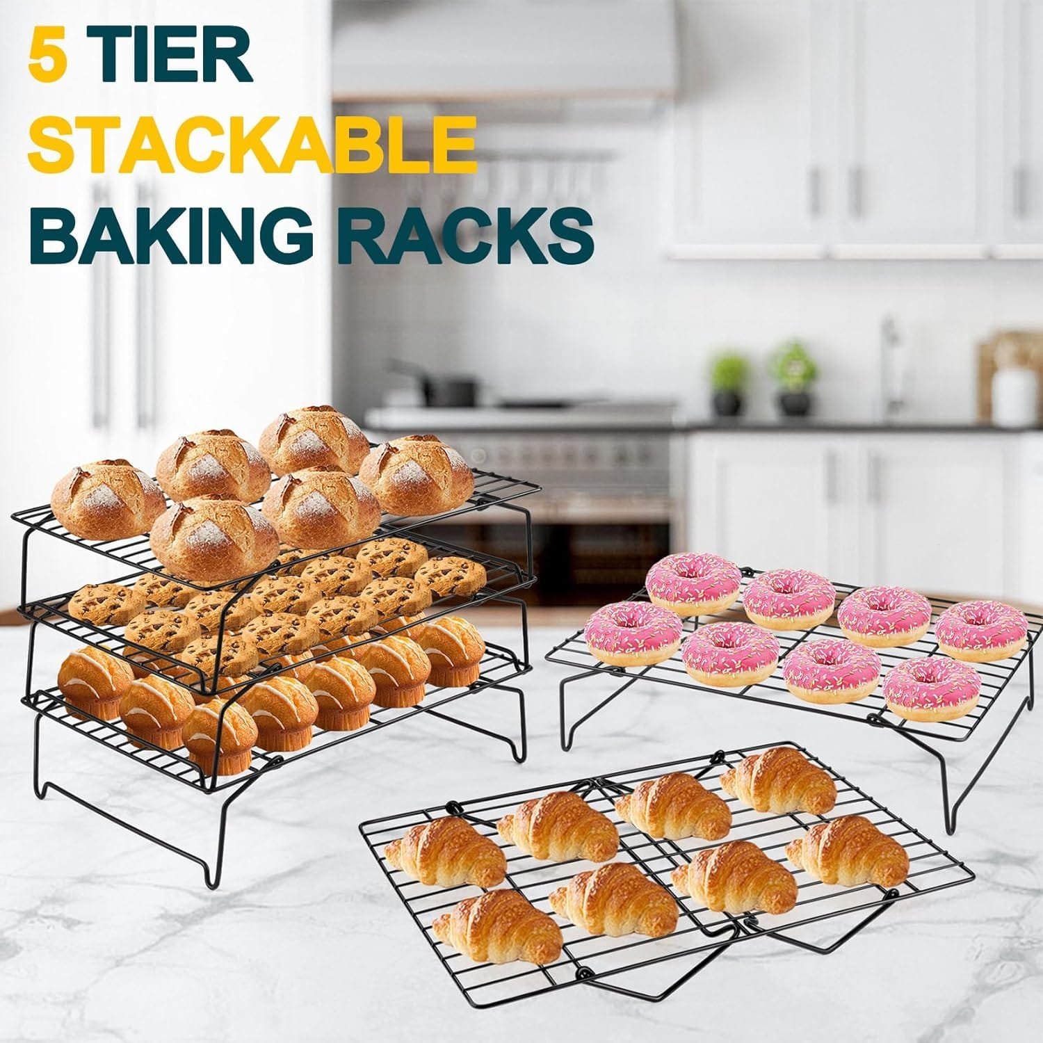 Stackable Cooling Rack Set, PP CHEF 2-Tier Nonstick Wire Racks for Oven Baking Cooking Roasting, Stainless Steel Core Easy Releasing Surface, Collapsible Heavy Duty, 15” x 10”, Black Stackable Cooling Rack Set, PP CHEF 2-Tier Nonstick Wire Racks for Oven Baking Cooking Roasting, Stainless Steel Core Easy Releasing Surface, Collapsible Heavy Duty, 15” x 10”, Black