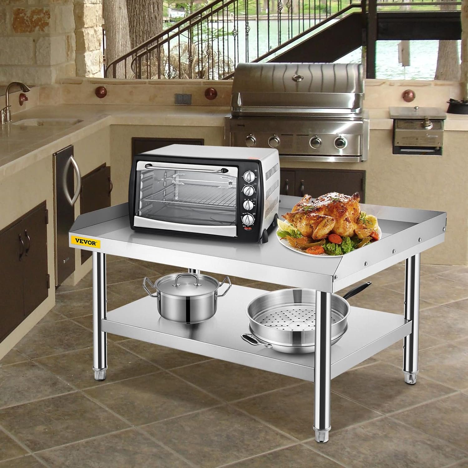 Stainless Steel Equipment Grill Stand, 24 x 28 x 24 Inches Stainless Table, Grill Stand Table with Adjustable Storage Undershelf, Equipment Stand Grill Table for Hotel, Home, Restaurant Kitchen