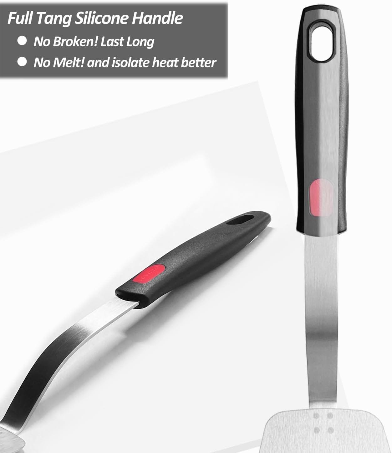 Stainless Steel Flexible Spatula Turner, VOVOLY Thin Metal Spatula for Cast Iron Skillet, Thin Blade and Heat Resistant Silicone Handle, Great for Egg, Cookie, Meat, Crep, Large