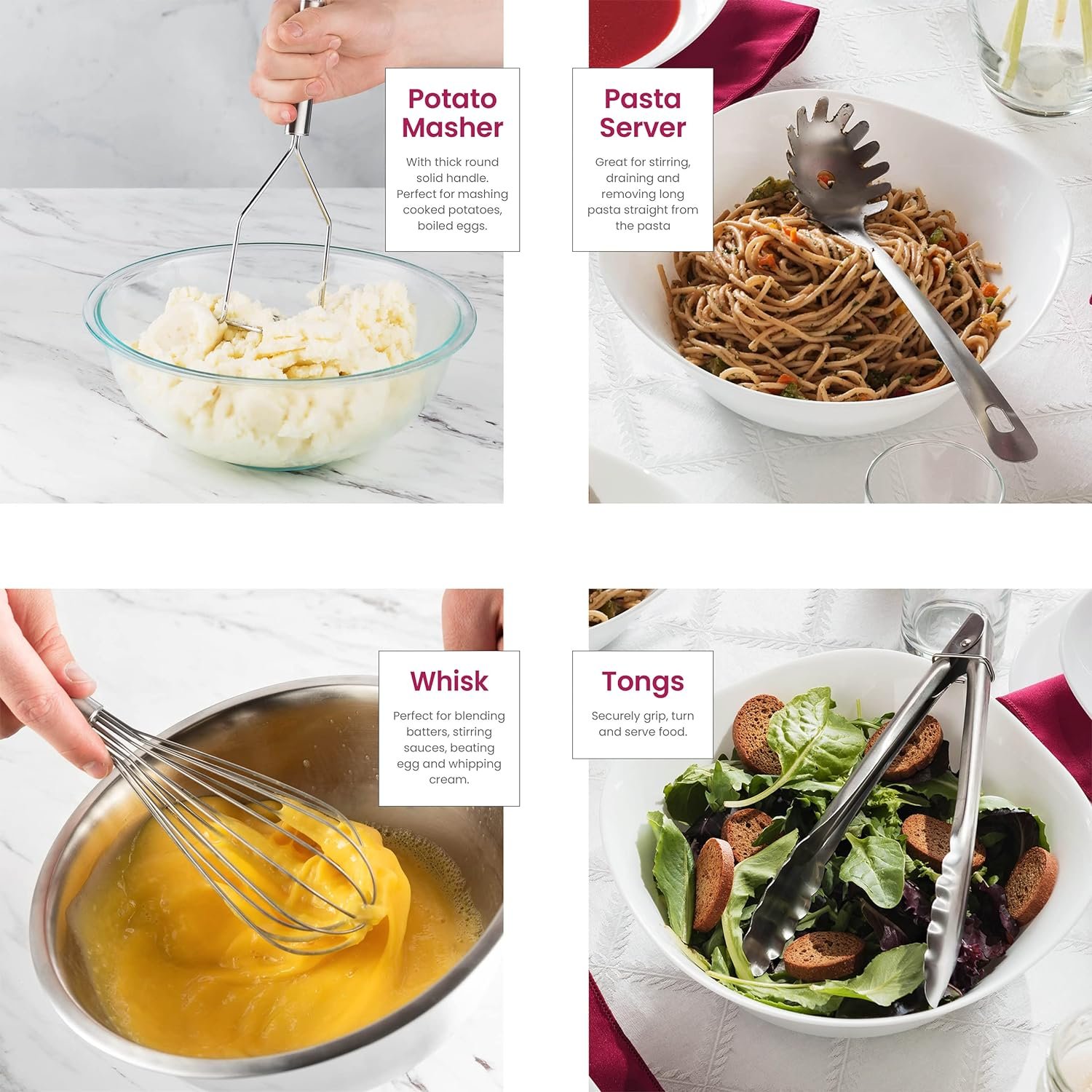 Stainless-Steel Kitchen Utensil Set - 10-piece premium Nonstick  Heat Resistant Kitchen Gadgets, Turner, Spaghetti Server, Ladle, Serving Spoons, Whisk, Tongs, Potato Masher and Utensil Holder Stainless-Steel Kitchen Utensil Set - 10-piece premium Nonstick  Heat Resistant Kitchen Gadgets, Turner, Spaghetti Server, Ladle, Serving Spoons, Whisk, Tongs, Potato Masher and Utensil Holder