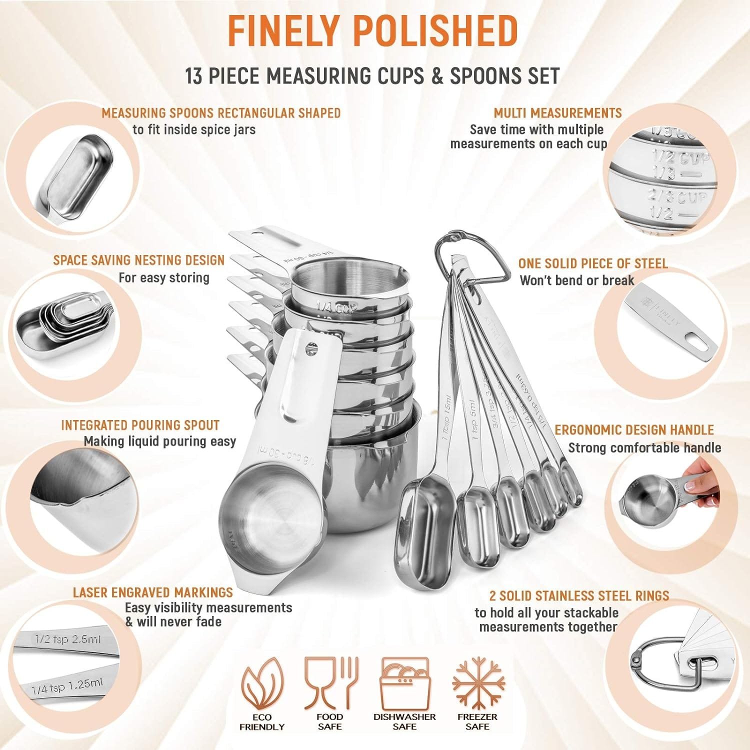 Stainless Steel Measuring Cups and Spoons Set by Finely Polished - 13 Piece Professional Quality Metal Measuring Cup Set - Dry and Liquid Measuring Cups for Cooking and Baking - Measuring Spoons