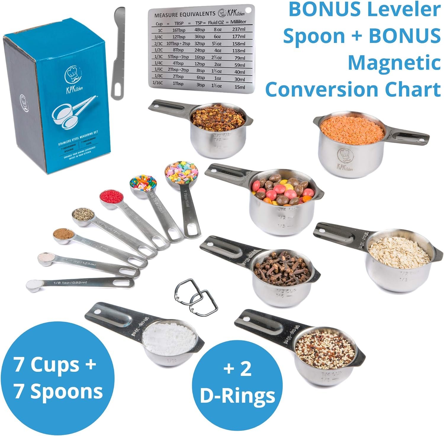 Stainless Steel Measuring Cups and Spoons Set of 16-7 Cup  7 Spoon + Conversion Chart  Leveler - Kitchen Measuring Spoons and Cups - Dry Measure Cups Stainless Steel  Baking Metal Measuring Cups