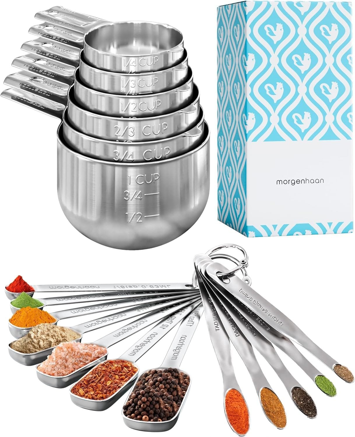 Stainless Steel Measuring Cups Spoons Set - Heavy Duty, Stackable 8-Piece Set - Dry Foods, Liquids, Dishwasher-safe - Professional Metal Kitchen Utensils By Morgenhaan Stainless Steel Measuring Cups Spoons Set - Heavy Duty, Stackable 8-Piece Set - Dry Foods, Liquids, Dishwasher-safe - Professional Metal Kitchen Utensils By Morgenhaan