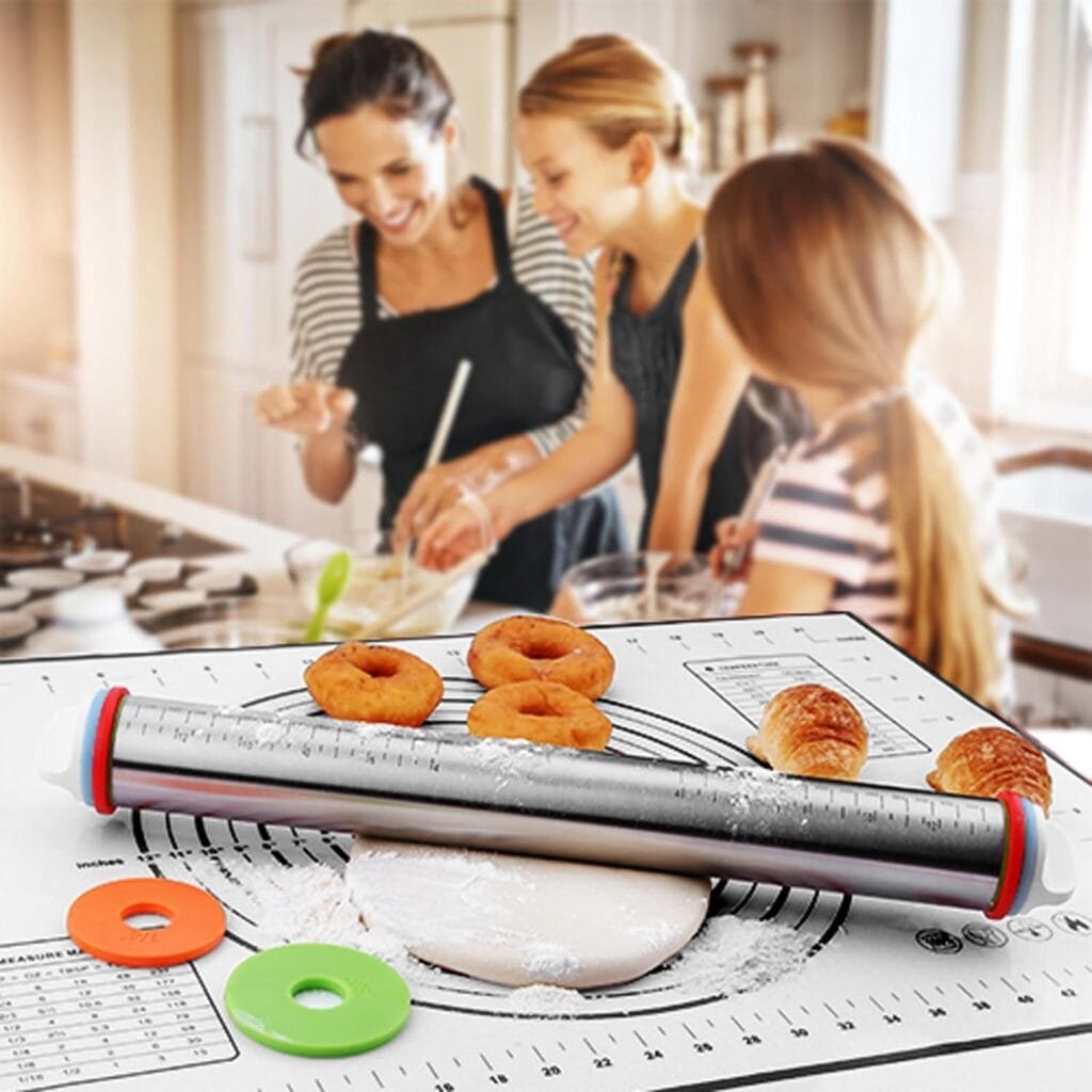 Stainless Steel Rolling Pin and Silicone Mat Set, Adjustable Thickness Rings - For Baking Dough, Pizza, Pies, Pastries, Pasta, Cookies